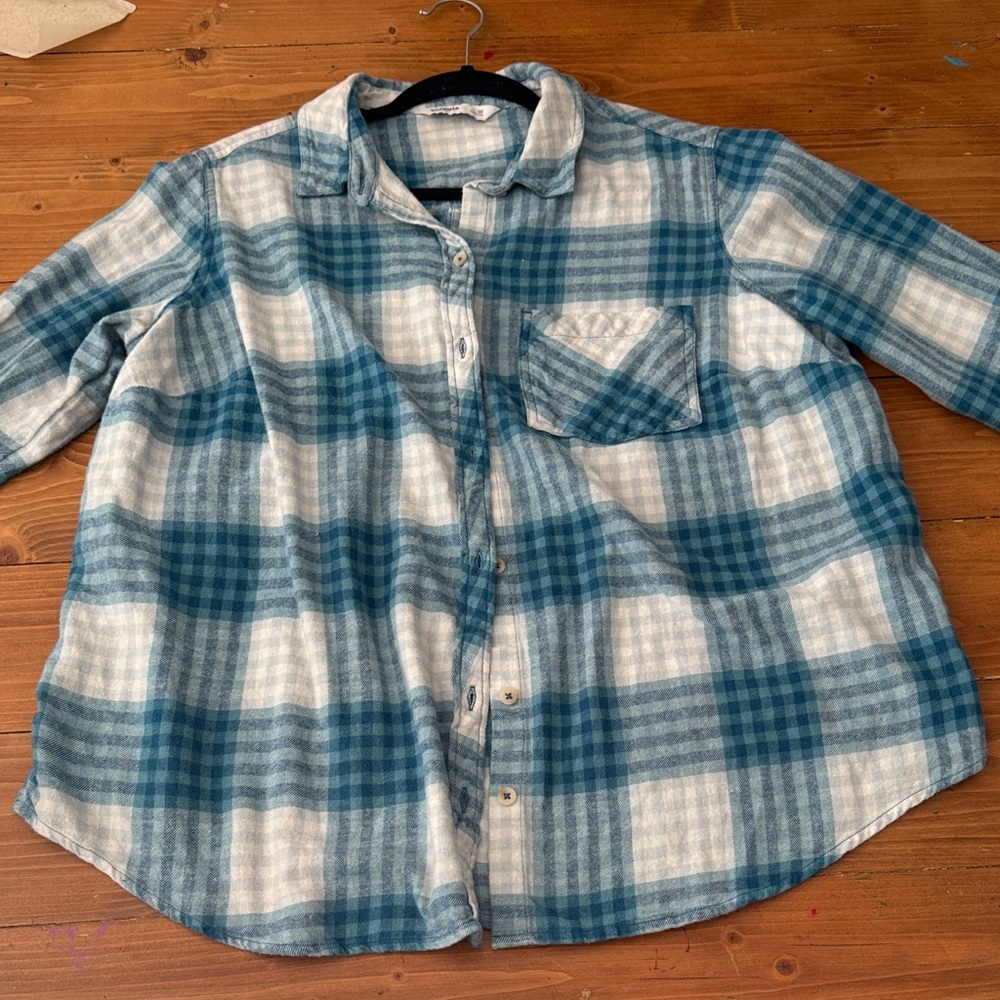 Sonoma Goods for Life Blue White Plaid‎ Flannel Button Down Shirt Plus Size 0X
